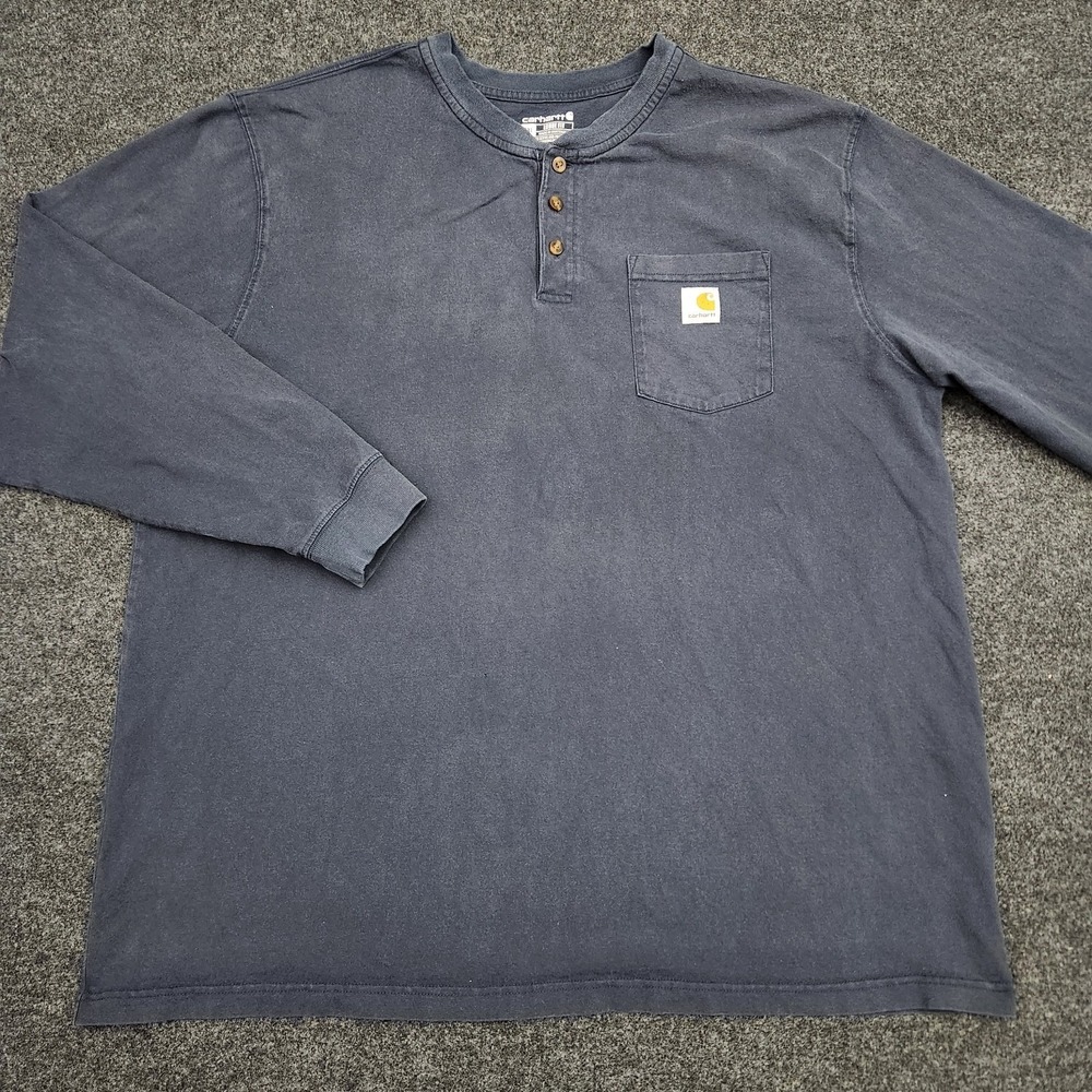 Carhartt Mens 2XL Blue Henley Work Tee Shirt Heavy Weight Long‎ Sleeve Pocket